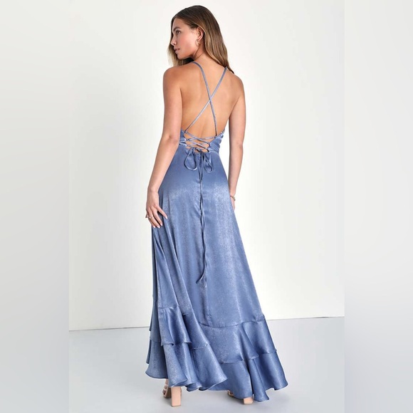 NWT Lulus In Love Forever Slate Blue Satin Lace-Up High-Low Maxi Dress - Picture 2 of 10